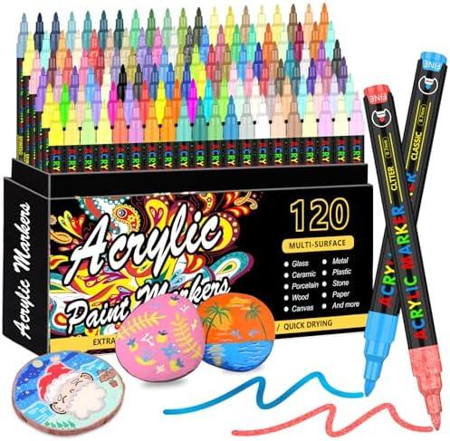 XPaoFey 120 Colors Acrylic Paint Markers, Extra Fine Tip for Rock Painting, Canvas, Wood, Ceramic, Glass - Quick-Dry & Non-Toxic