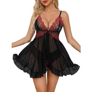 Sexy Open Front Floral Lace Mesh Sheer Babydoll Lingerie Dress Set with Thong 2 Piece (Black Red)