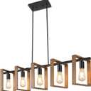 53 Farmhouse Kitchen Island Lighting, 5-Light Adjustable Dining Room Light Fixtures, Rustic Wood Chandeliers Black Hanging Light Fixtures for Kitchen, Pool Table Lights, Bulbs Not Included