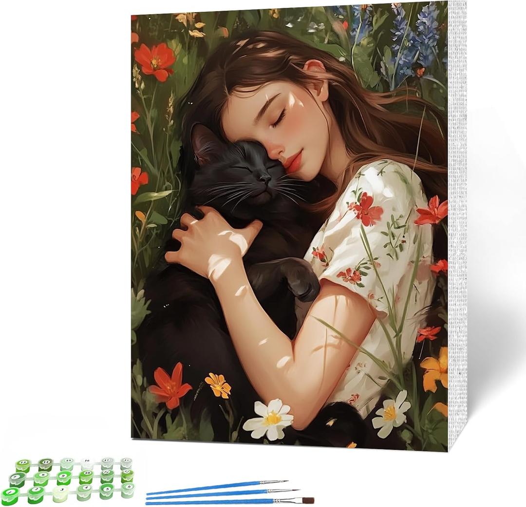 MAXBYE Cat Paint by Numbers Kits for Adults Beginners with Wooden Frame, Easy Canvas Paint by Numbers Cat and Beauty, DIY Oil Painting Art Kit for Home Wall Decoration 12X16 inch