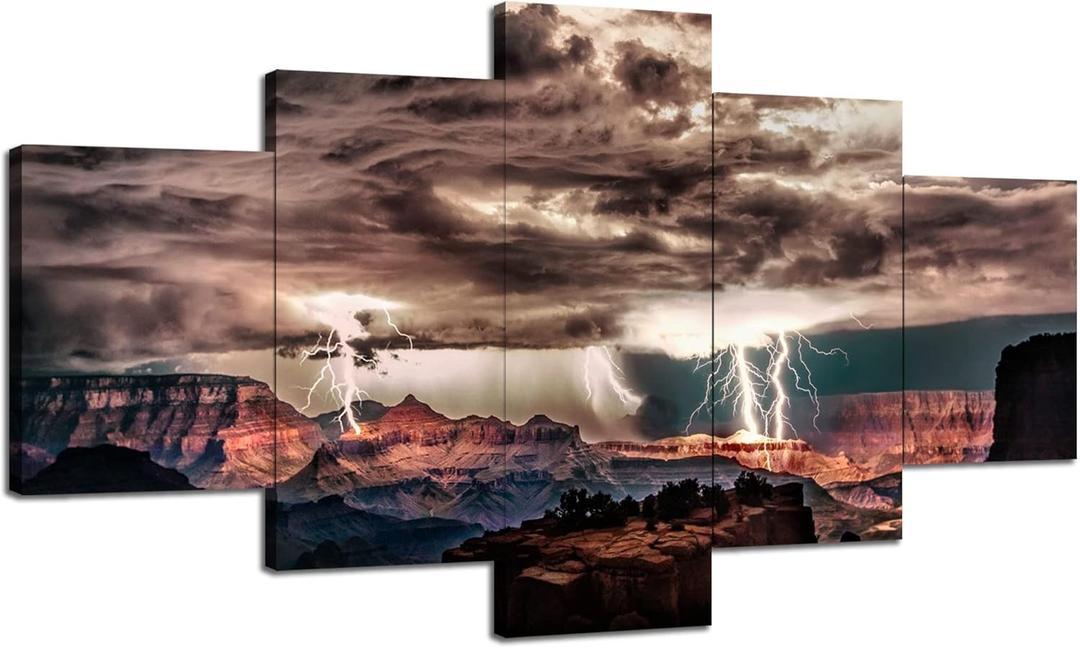 Grand Canyon Lightning Painting Wall Art Sedona Canvas Print Storm Dark Clouds Scenery Wall Decor Arizona National Park Picture Cliff Poster Frame Office Home Bedroom Ready to Hang(60''Wx32''H) (60Lx 32W-006)