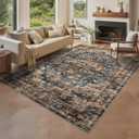 GarveeHome 8x10 Washable Vintage Living Room Area Rug: Vintage Machine Washable Area Rug for Living Room Indoor Large Non-Slip Bedroom Carpet Low Pile Stain Resistant Dining Room Carpet Blue&Brown