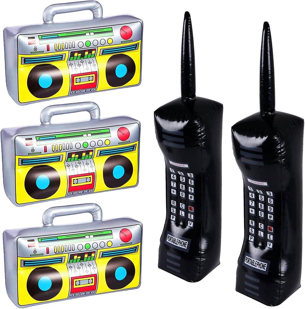 5 Pieces Inflatable Mobile Phone Props Inflatable Radio Boombox for 80s 90s Party Decorations Hip Hop Theme Party