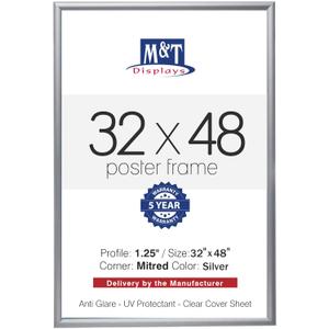 M&T Displays Snap Poster Frame Silver 1.25" Aluminum Profile Front Loading Wall Mounting Photo Picture Document Certificate Sign Holder Mitered Corner Anti Glare Cover (Silver, 32x48 in)