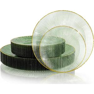 DaYammi 60Pcs Sage Green Plastic Plates with Gold Rim,Disposable Plates Set Includes 30 Dinner Plate & 30 Salad Plate,Fancy Green Party Plates with Radial Texture for Party Wedding Dinner Easter