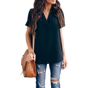 Allimy Women Summer Casual Split V Neckline Chiffon Blouses Loose Tunic Short Sleeve Tops (Small, Black)