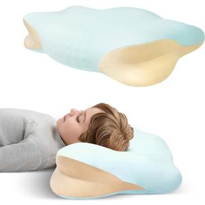 Memory Foam Toddler Pillow, Breathable Cooling Removable Pillowcase, Kids Pillow for Sleeping, Ergonomic Contour Neck Pillow for Back & Side & Stomach Sleeping 12x22 in (Blue)