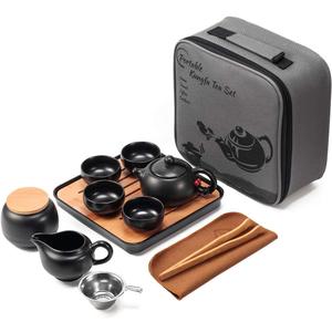 Chinese Tea Pot Cup Set with Tray Infuser - Travel Ceramic Tea set Porcelain Teapot, Portable All in One Bag for Outdoor Picnic Business Hotel (Black)