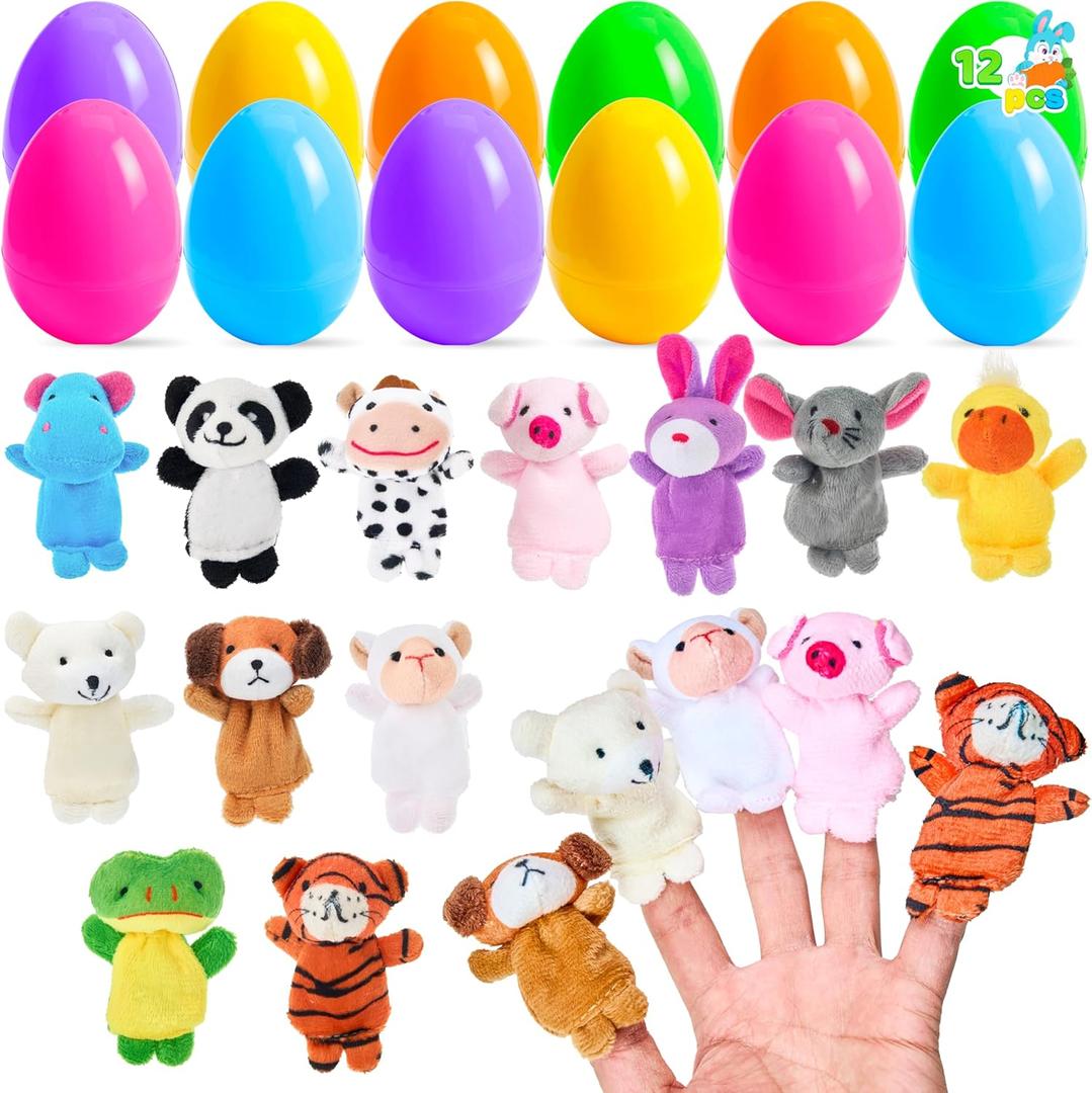 JOYIN 12pcs Prefilled Easter Eggs with Toys, Plastic Eggs with Finger Puppets, Basket Stuffers for Toddlers & Babies, Easter Theme Party Favors