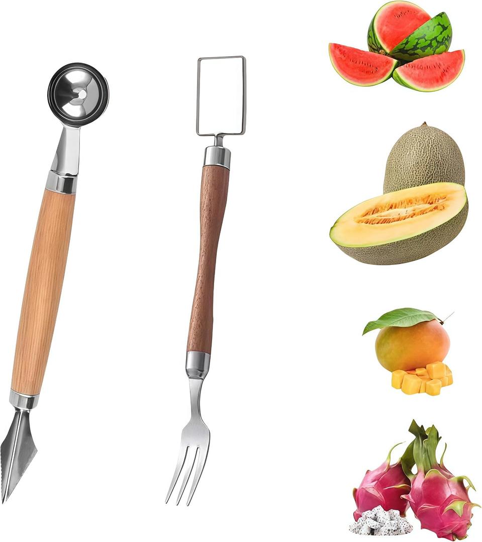 2-in-1 Stainless Steel Watermelon Cutter Slicer & Forks,Fruit Scoop,Dual Head Melon Slicer Knife with Wooden Handle for Kitchen, Camping, Party (2 Pcs)