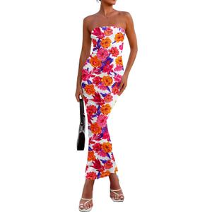 PRETTYGARDEN Women's 2026 Summer Floral Bodycon Maxi Dresses Ribbed Strapless Tube Casual Boho Party Long Dress (M)