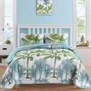 Luxudecor Tropical Plants Quilt Set King Size 3 Pieces Green and Blue Palm Botanical Bedspread Rainforest Style Bedding Set Soft Lightweight Bed Cover All Season 104"x90"