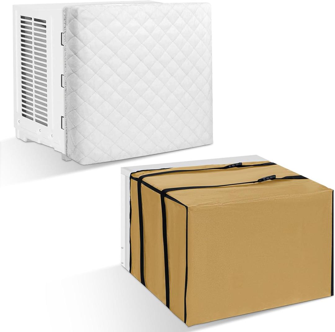 2 Pcs Window Air Conditioner Cover Indoor Outdoor Adjustable Waterproof Window Ac Cover Outdoor with Drawstring for Winter(White & Khaki,Inside 25 x 17 x 3.5 in, Outside 25.6 x 20.9 x 18 in)