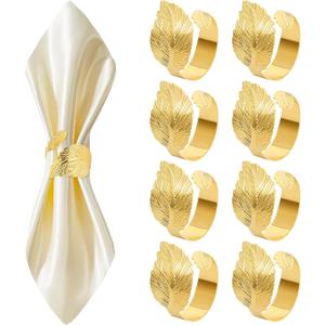 Gold Napkin Rings Set of 8, Metal Leaf Bulk Napkin Rings, Cloth Napkin Holder Ring Dining Table Decorations for Easter Weddings Valentine Christmas Thanksgiving Party of Setting