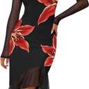 MEROKEETY Women's 2026 Wedding Guest Dress Bodycon Long Sleeve Square Neck Ruched Mesh Cocktail Party Holiday Midi Dresses (X-Large, Black Red)