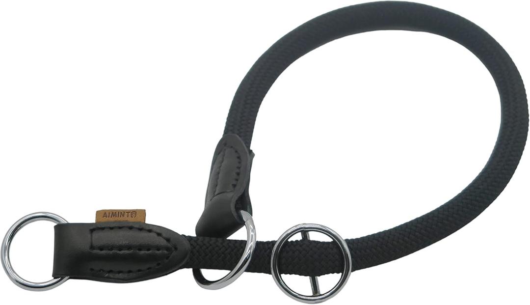 Aiminto Braided Round Martingale Dog Collar, Training Collar with Slidable Stop Ring and Adjustable Stopper - Ideal for Medium Dogs (M Long, Black)