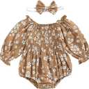 2pcs Infant Baby Girls Romper Dress Headband Long Sleeve Clothing Flowers Newborn Boho Girl Outfit Jumpsuit Clothes (0-6 Months, Brown)