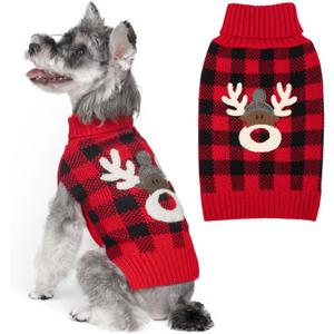 KYEESE Dog Christmas Sweater with Reindeer Pattern, Red Buffalo Plaid Knitwear, Turtleneck Dog Sweater for Small Dogs with Leash Hole, Cozy Winter Holiday Outfit, Warm Soft Pet Clothes, Medium (Medium (7-11lbs))
