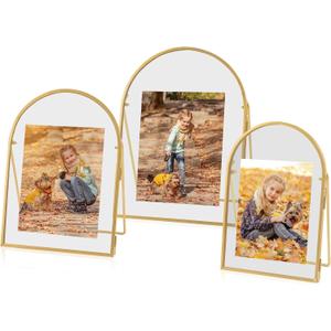 Set of 3 Gold Floating Picture Frame, 4x6, 5x7, 6x8 Arched Glass Floating Frames, Vintage Brass Gold Picture Frame for Artwork Photos Tabletop Display