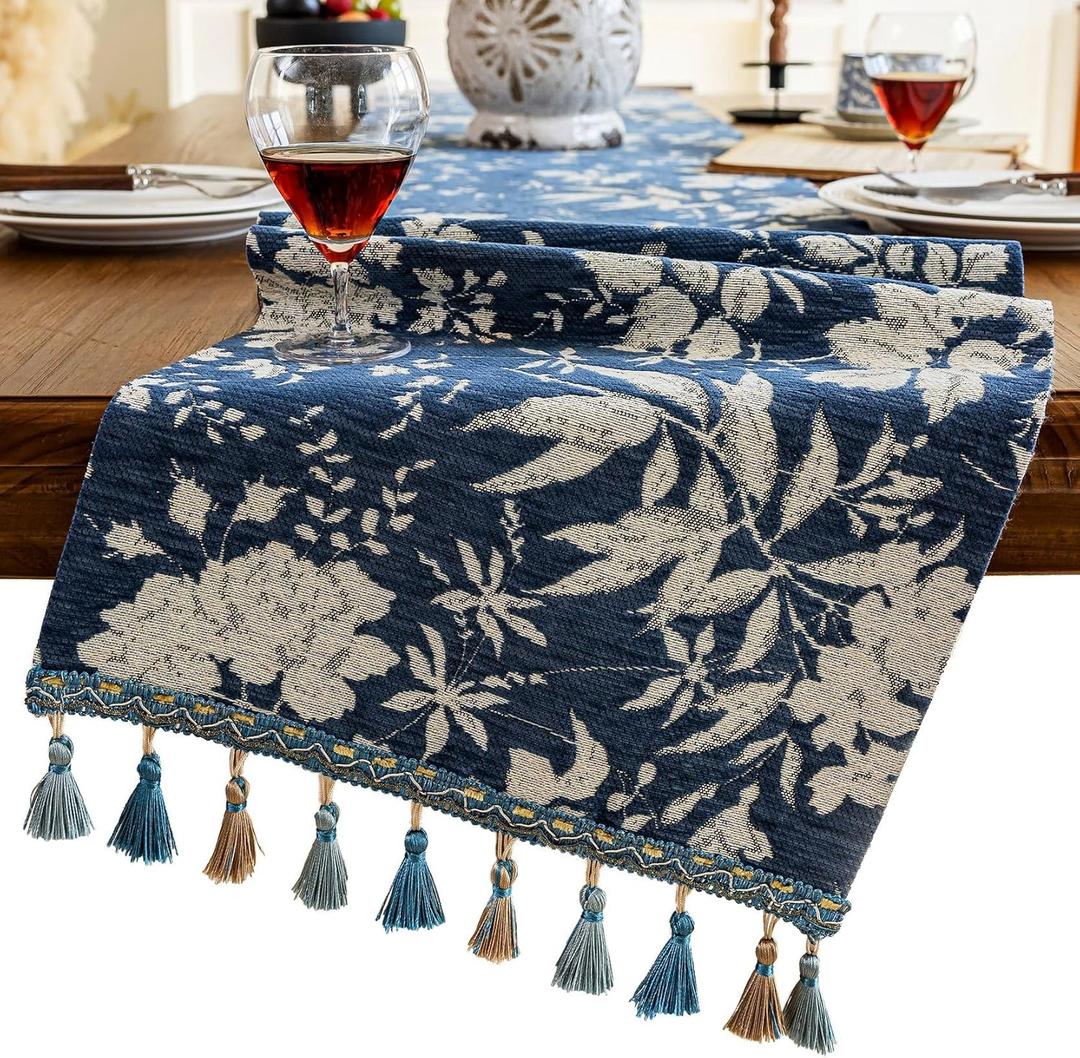 Botanical Dining Table Runner with Tassels Luxury Table Runner for Home Party Decor Jacquard Floral Elegant Summer Natural Table Runners 13 x 94 Inch Blue
