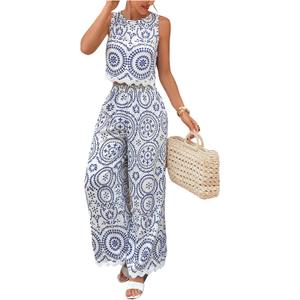 WDIRARA Women's Boho 2 Piece Pants Outfits Sleeveless Crop Tank Top Set Vacation Beach (Blue) X-Small 