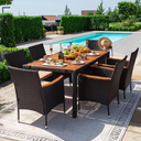 Devoko Dining 7 PCS Furniture, Patio Conversation Set with Acacia Wood Table Top, Rattan Outdoor, Black Only Table Build Without Top Wood and 6 Chairs Without Cushions