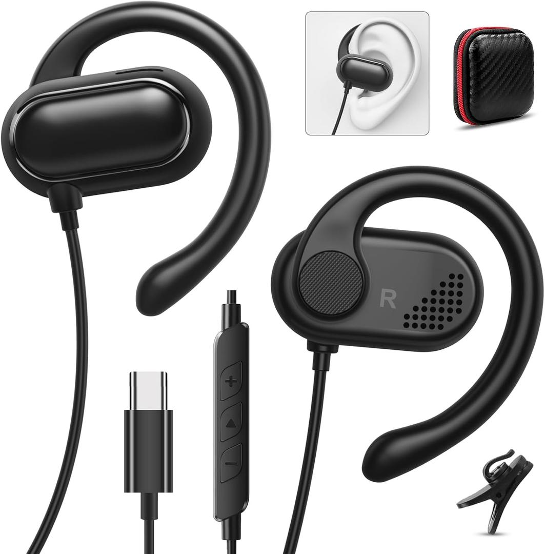 USB C Headphones Over-Ear Buds Hooks Microphone for Sport Running &Volume Control, Fit Small Ears Type C Wired Earbuds for iPhone 16e 16 15 iPad Pro Samsung Fold6 Galaxy S25 S24 S23 Oneplus 12 Pixel 8