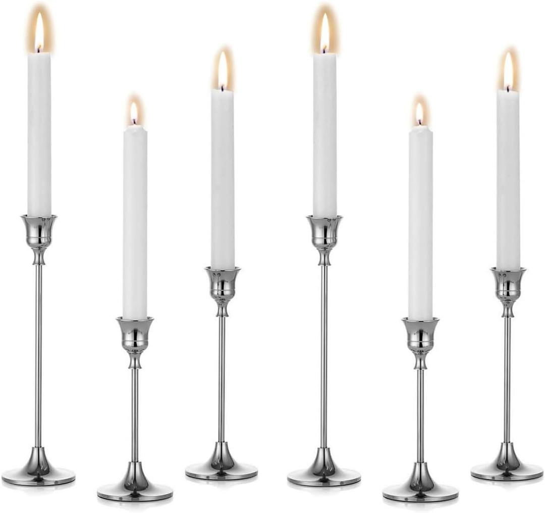 Candlestick Holder for Taper Candles Hi-Q Candle Holders (6PCS, Silver)