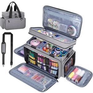 Anitor Large Sewing Supplies Organizer, Double Layer Sewing Storage Organizer with Two Detachable Dividers, Travel Sewing Bag Organizer with Shoulder Strap for Accessories, Gray, (Bag Only)