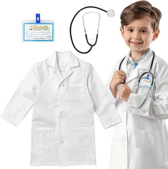 Kids' Doctor Lab Coat Costume with Accessories Role Play for Boys Girls Playset Nurse Costume, Size 3-4Y