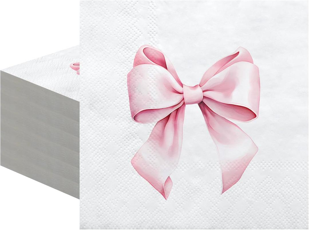 Crtiin 100 Pcs Bow Napkins 2 Ply 5 x 5 Inches Bachelorette Party Bow Theme Decorations Bridal Engagement Baby Shower Tableware Supplies Tea Party Girls Birthday Napkins Decor(Pink)