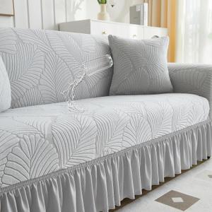 WONGS BEDDING Stretch Velvet Sofa Slipcover, Cushion Couch Cover with Skirt, Pet Friendly Durable Washable Stretchable, Easy Fit Universal Furniture Protector, (66"-90",Light Gray)