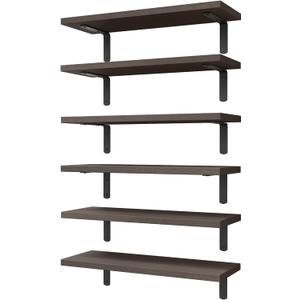 WOPITUES Wood Floating Shelves Set of 6, Shelves for Wall Decor, Farmhouse Shelf for Bedroom, Bathroom Storage Shelves, Book Shelves for Living Room, Dark Brown (16.5 Inch)