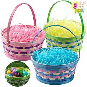 JOYIN 3 Pcs Easter Bamboo Baskets with Tricolor Grass Paper Shred for Kids, Easter Eggs Hunting Bucket Wicker Woven Candy Toys Storage Baskets with Handle for Picnic, Party Favors Decor(11.1"X9.7")
