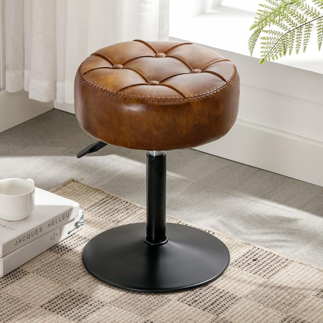 LUE BONA Adjustable Vanity Stool, 360Swivel Vanity Chair for Makeup Room, Brown Stool Chair for Vanity, Small Faux Leather Vanity Stools for Bathroom, Living Room