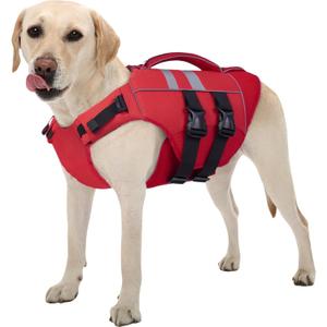 Kuoser XL Dog Life Jacket, Large High Flotation Dog Life Vest for Swimming Boating, Reflective Dog Swimming Vest Pet Life Preserver with Rescue Handle, Red (Chest Girth:25.9-33.4''))