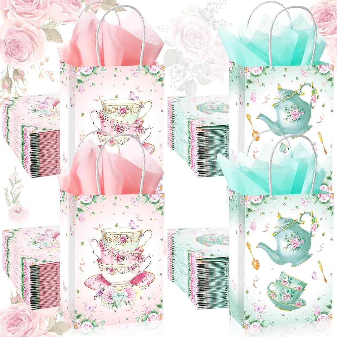 24 Pcs Tea Party Gift Bags with Tissue Paper Floral Teapot Goodie Treat Bags with Handles Tea Party Decorations for Wedding Baby Shower Birthday Favors Supplies, Pink and Green