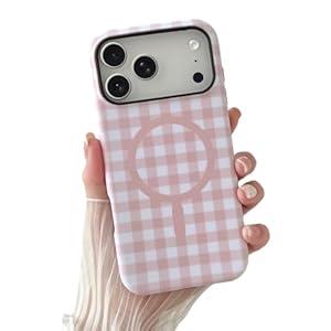 CHATTOB Compatible with iPhone 17 Pro Case, Cute Retro Gingham Plaid Phone Case for Women, Shockproof Soft TPU and Hard PC Back Protective Cover, Matte Pink