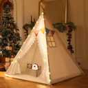 Kids Teepee Tent with Mat - Indoor Playhouse for Boys and Girls - Anti-Slip Cotton Teepee Tent for Kids with Star Lights, Flags, Felt Basket and Carry Bag Toddler Teepee Children's Room