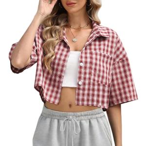 Womens Cropped Plaid Shirt Button Down Short Sleeve Top Blouse | Vintage Plaid Shirts, Preppy Clothes, Casual, Checkered, Plaid Crop Top Button Up Shirts, Gingham, Streetwear, Hiphop, Y2K (Red), Medium