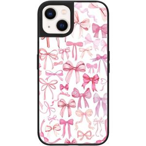 Case for iPhone 14 and iPhone 13, Trendy Aesthetic Pink Ribbon Bow Pattern Print, Glossy Hard PC Back Soft TPU Bumper, Slim Shockproof Anti-Scratch Cover for Teen Girls Women