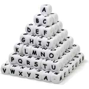 Melius 110Pcs Silicone Letter Beads 12mm A-Z (Extra for Vowel Letter) Even and Accurate Square Letters Beads for Bracelet Stethers Key Chains Necklace Lanyards (White) (White)