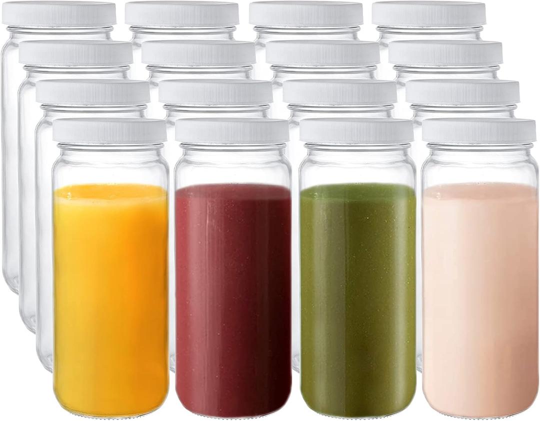 16 Pack Glass Juicing Bottles, 16oz Reusable Glass Drinking Bottle Jar Clear Glass Water Bottle with Plastic Airtight Lids for Juice, Smoothies, Tea, Milk, Kombucha, Beverages