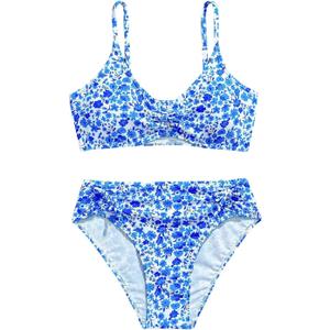 Girl's Ditsy Floral Bathing Suits 2 Piece Ruched Wireless Boho Bikini Swimsuits Summer Beachwear (Blue)