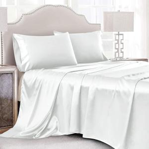 3 Pieces White Satin Sheets Twin Size Bed Set, Luxury Silky Satin Bedding Sheets Set with 1 Deep Pocket Fitted Sheet, 1 Soft Flat Sheet, 1 Pillowcases