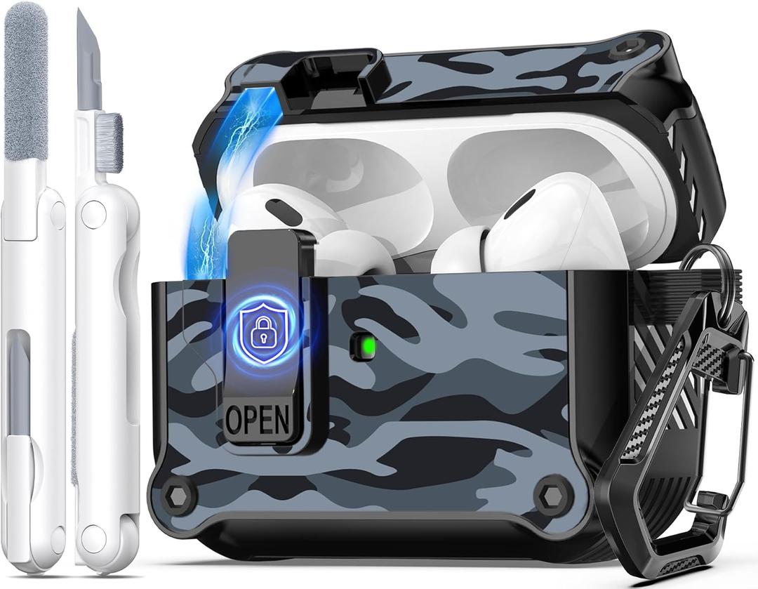 R-fun Compatible with AirPods Pro 2nd Generation 2023(USB-C),2022(Lightning Cable),1st Gen 2019 Charging Case, Full Drop Protection Auto Pop-Up Lid Design with Cleaner Kit,Black 