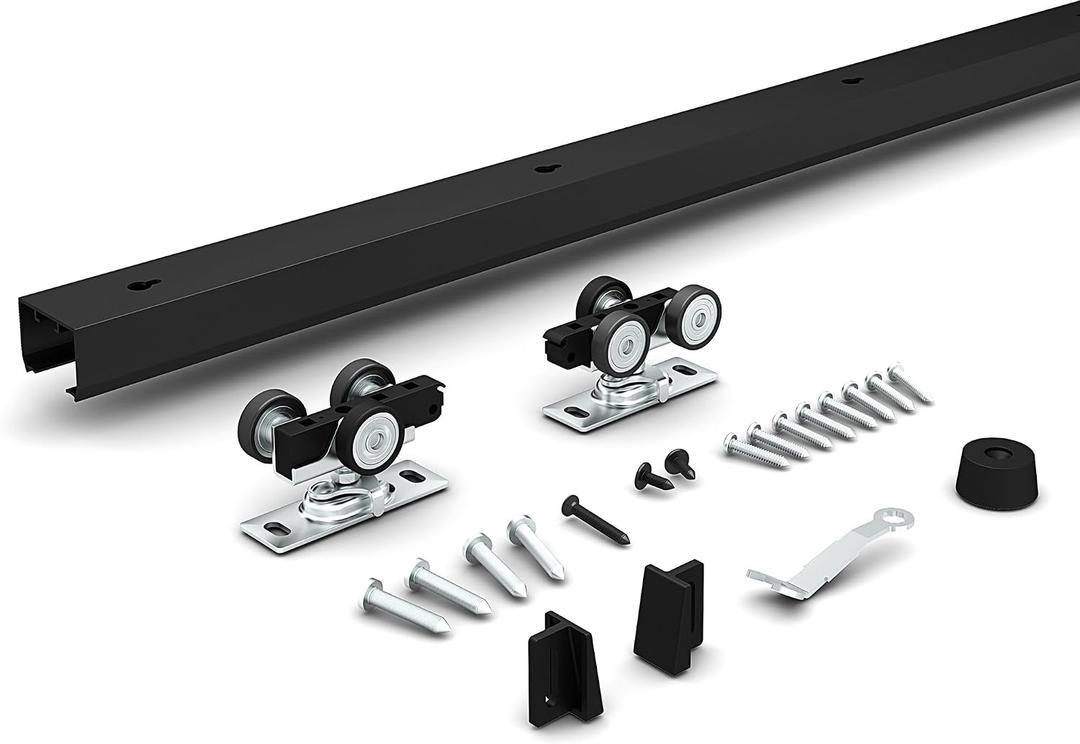 JUBEST 5FT Pocket Door Kit, Commercial Grade Sliding Pocket Door Hardware Kit, Aluminum Box Pocket Door Track 56.75", Sliding Door Kit for 24"~30" Wide Door, Black Pocket Door Hardware,Easy to Install