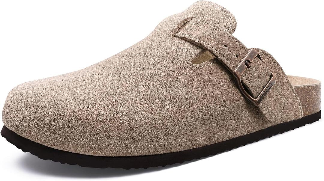 Genuine Suede Clogs for Women Men Soft Cork Footbed Leather Mules Comfort Potato Shoes with Arch Support (7.5-8 Women/6-6.5 Men, Taupe)