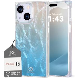 Cocomii - Rectangle Case Compatible with iPhone 15 - Compatible with MagSafe, Real Mother of Pearl, Opalescent Seashell, Glossy, Magnetic Phone Case for iPhone 15 6.1 inch, Turquoise Beach