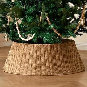 Rustic Farmhouse Christmas Tree Collar - 28Inch Woven Wicker Tree Base Stand Cover for Artificial Trees - Holiday Decoration Ring Skirt Basket for 6ft 7.5ft 9ft Tree, Natural & Stable